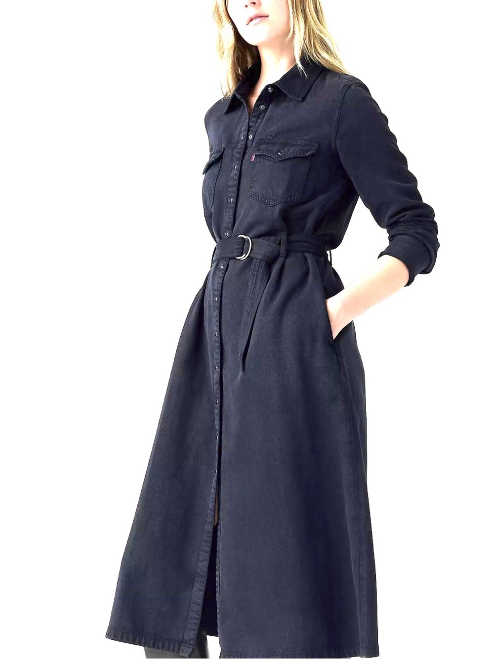 Levi's Black Denim Long-Sleeve Belted Snap Button Dress size XS